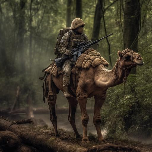 a soldier on the running camel wearing camo suit in the amazon woods. modern weapon. ultrarealistic. 16:9