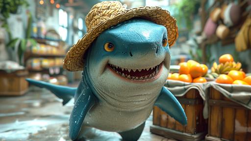 Shark wearing a straw hat running a garage sale, cartoon style, swamp, folding tables, style of Bone, bright colors --ar 16:9 --s 750 --v 6.0
