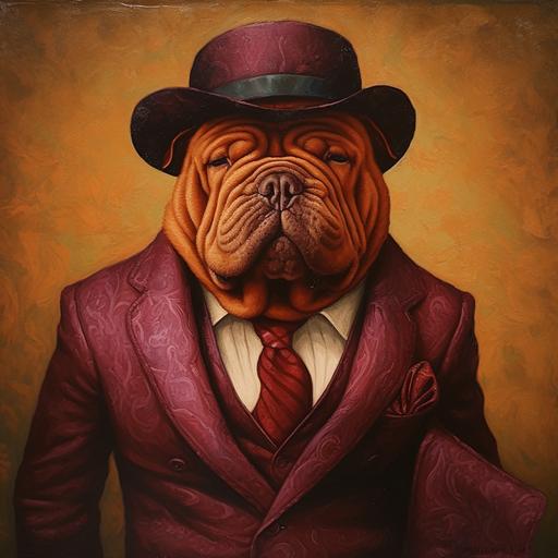 Sharpei wearing a suit, pimp sharpei, dog in suit, mafia dog, pimp dog, posh, fancy, oil painting --v 5.1