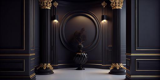 Matt black room:: shiney glossy black detail on matt black wallpaper, ::marble matt black gold round stone on matt black floor, 8k, hyper realistic, light from above with lamp in the corner, cinematic, studio lit, --ar 2:1 --v 4 --upbeta --s 1000