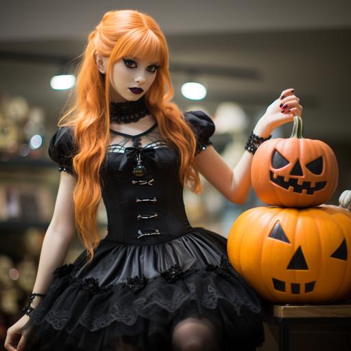 She juggles pumpkins , trick or treat A doll with a lifelike human figure is in the foreground of the picture. She has long, flowing, bright orange hair and a pale face with dramatic dark lipstick and eye makeup. She wears a black sleeveless top with a lace neckline and a matching black tutu skirt that falls to her thighs. Her arms are slender, one is slightly raised, running through her hair, while the other is outstretched, resting lightly on a pumpkin. Behind her there is a scene that gives a Halloween atmosphere. Several carved pumpkins are visible, all with different ghostly faces, lit from within so they glow in the semi-darkness. In the background you can see the silhouette of a window with some of these glowing pumpkins placed in front of it, creating atmospheric, festive lighting. The general color palette of the image is dark with an emphasis on black and orange. The doll takes center stage and is clearly the main focus of the image, while the pumpkins and backlight create a spooky Halloween mood. --s 750