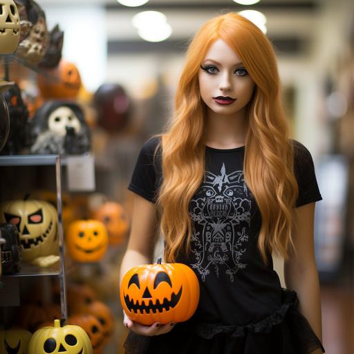 She juggles pumpkins , trick or treat A doll with a lifelike human figure is in the foreground of the picture. She has long, flowing, bright orange hair and a pale face with dramatic dark lipstick and eye makeup. She wears a black sleeveless top with a lace neckline and a matching black tutu skirt that falls to her thighs. Her arms are slender, one is slightly raised, running through her hair, while the other is outstretched, resting lightly on a pumpkin. Behind her there is a scene that gives a Halloween atmosphere. Several carved pumpkins are visible, all with different ghostly faces, lit from within so they glow in the semi-darkness. In the background you can see the silhouette of a window with some of these glowing pumpkins placed in front of it, creating atmospheric, festive lighting. The general color palette of the image is dark with an emphasis on black and orange. The doll takes center stage and is clearly the main focus of the image, while the pumpkins and backlight create a spooky Halloween mood. --s 750