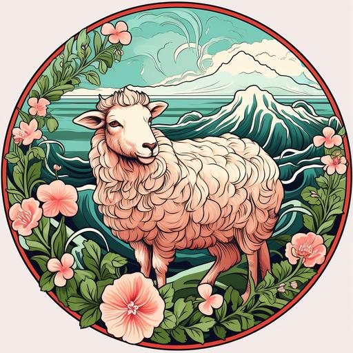 Sheep illustration. Ocean with hibiscus flowers. Vintage, 1940s sticker, round shaped, in a floral circle frame, Art Nouveau style with long, sinuous lines, asymmetry, and natural objects such as vines, insect wings, and flower stalks, exotic, extravagant, geometric forms, contrasting, bold color, natural color, detail and patterns. --ar 1:1