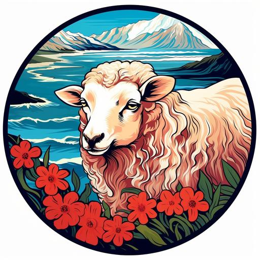 Sheep illustration. Ocean with hibiscus flowers. Vintage, 1940s sticker, round shaped, in a floral circle frame, Art Nouveau style with long, sinuous lines, asymmetry, and natural objects such as vines, insect wings, and flower stalks, exotic, extravagant, geometric forms, contrasting, bold color, natural color, detail and patterns. --ar 1:1
