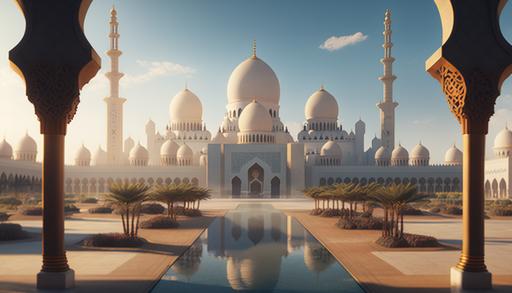 Sheikh Zayed Grand Mosque in Abu Dhabi, wide angle view, turism, in the style of Fenghua Zhong and Ruan Jia and jeremy lipking and Peter Mohrbacher, matte colors, rim light, beautiful Lighting, 8k, stunning scene, raytracing, octane, trending on artstation, 8k, UHD, --ar 16:9