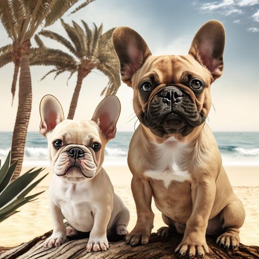 Adult Fawn French Bulldog and Small White Fat French Bulldog with 1 brown spot on left eye by the ocean under palm trees