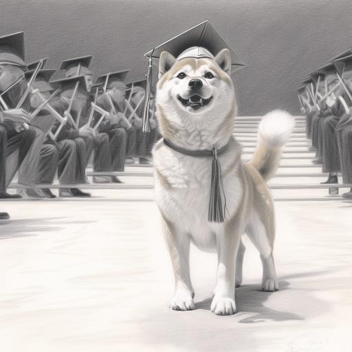 Shiba Inu walking the stage graduating, pencil drawing.