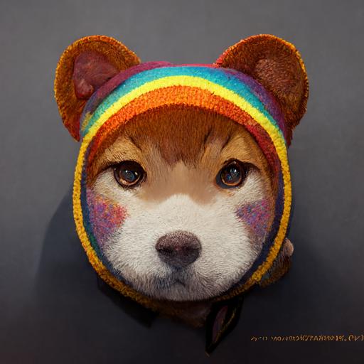 Shiba inu, 3D, rainbow hat, a detailed large cute brown eyes, a character portrait, hyper detailed faces, ultra realistic, intricate detailed, centered image, artstation, detailed art, dynamic color, unreal engine 5