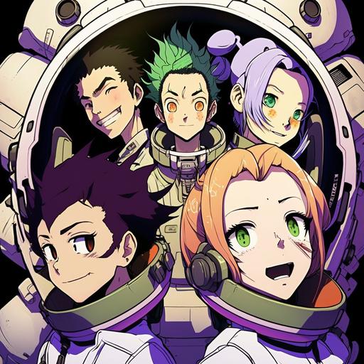 Shigenori Soejima, space horror, a group photo of a ragtag crew of seven space truckers, three men, two women, one android, one sharp toothed alien in a space suit, everyone is smiling
