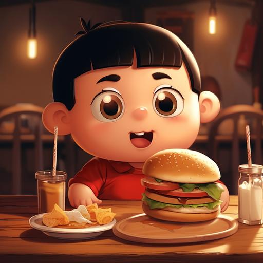 Shinchan eating burger. Cartoon style. Super cute.