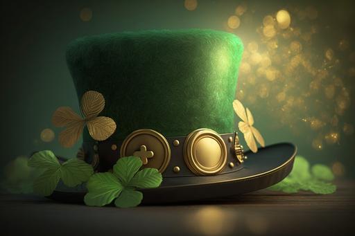 Shiny green hat, gold coins and clover leaves. St. Patrick's day concept --ar 3:2