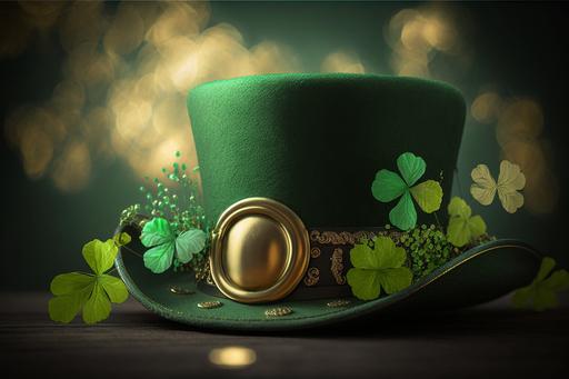 Shiny green hat, gold coins and clover leaves. St. Patrick's day concept --ar 3:2