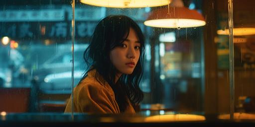 Shot through outdoor window of coffee shop with neon sign in rain, light and reflection from window, depth of field, young Japanese woman sitting at table, face obscured by rain and reflection, hands not shown, portrait,kodak portra 800, 105 mm f1. 8 --ar 2:1 --v 5.1