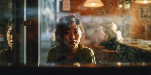 Taken from outdoor window of coffee shop, window light and strong reflection, depth of field, young Japanese woman sitting at table, strong reflection, face obscured by sign, hand not visible, portrait,leicaM10 , 50 mm f1. 8 --ar 2:1 --v 5.1