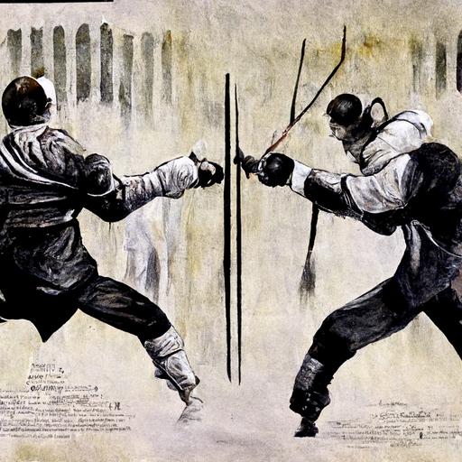 2 man fighting with fencing,movie poster,highly detail,ink painting