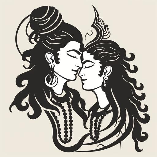 Shiva and Shakti, vector image, easy to apply for laser engraving technic, popular spiritual image, black and white, minimalist style, line art, elegant , sophisticated but only a few line, light design, something that is aesthetic and friendly