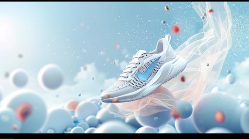 Shoes float in the air, Product background map, Powder blue space, A very small amount of silk thread surrounds, Round ball, Atmosphere, Product drawing, Model the scene, Illusory engine, 3D rendering, UHD, high details, best quality, 16k --aspect 16:9