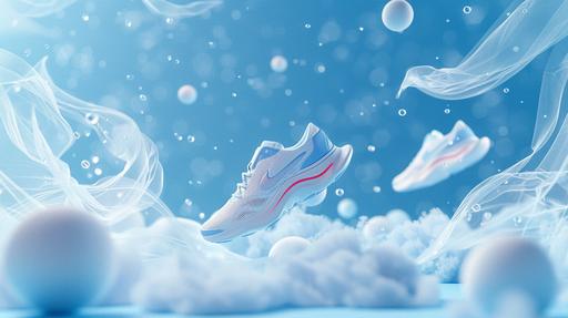 Shoes float in the air, Product background map, Powder blue space, A very small amount of silk thread surrounds, A very small amount of balls float, Atmosphere, Product drawing, Model the scene, Illusory engine, 3D rendering, UHD, high details, best quality, 16k --aspect 16:9 --no shoes