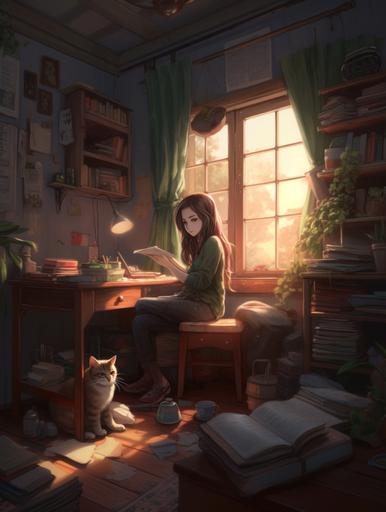 Shojo anime style, white eastern european girl, very long light brown hair, green eyes, writing in a journal, sitting in front of a desk with cosy clutter and a turned on lamp as only light source, wearing overear headphones, in a very cozy room, big window in the background, cat laying on the windowsill, plants in the room, 8k --ar 3:4 --q 2 --s 250 --v 5