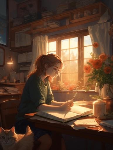 Shojo anime style, white eastern european girl, very long light brown hair, green eyes, writing in a journal, sitting in front of a desk with cosy clutter and a turned on lamp as only light source, wearing overear headphones, in a very cozy room, big window in the background, cat laying on the windowsill, plants in the room, 8k --ar 3:4 --q 2 --s 250 --v 5