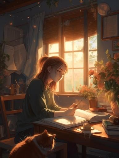 Shojo anime style, white eastern european girl, very long light brown hair, green eyes, writing in a journal, sitting in front of a desk with cosy clutter and a turned on lamp as only light source, wearing overear headphones, in a very cozy room, big window in the background, cat laying on the windowsill, plants in the room, 8k --ar 3:4 --q 2 --s 250 --v 5