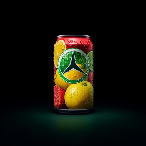 commercial if Mercedes was a carbonated drink company, green color, different mix of colors, football pitch, canned carbonated drink, different fruits, Mercedes logo, The image should not contain any words or text, 8k v 5.1