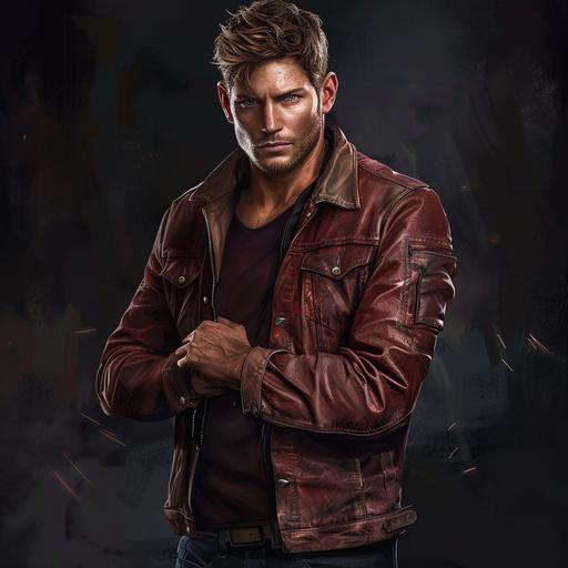 Short Strawberry Blonde hair, Amber eyes, Simple maroon Long sleeve shirt, Tan Denim Jacket, black Jeans, leather Worker Boots, folding his arms, realistic, Mafia, Man, 28 years old, looks kinda like Jensen Ackles, High definition, ultra realistic, dynamic pose, full body portrait.