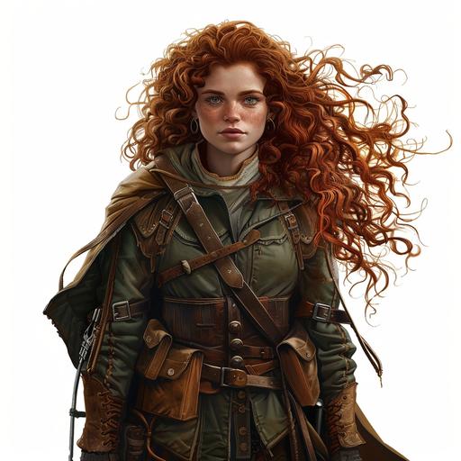 Short beautiful Stocky Dwarven woman with long curly red hair in adventuring clothing with pouches and straps made out of leather under a long brown coat, fantasy, dungeons and dragons, pathfinder, anime style,