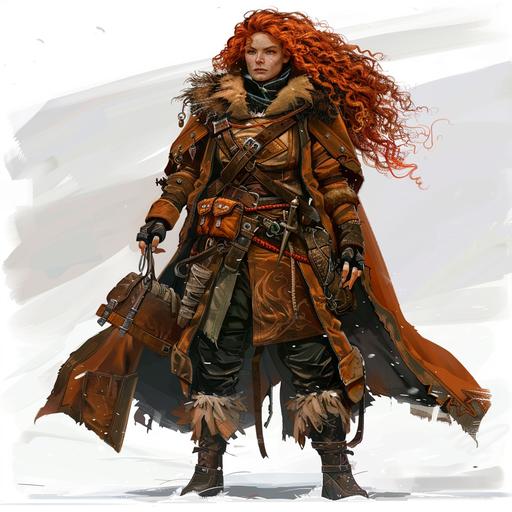 Short beautiful Stocky Dwarven woman with long curly red hair in adventuring clothing with pouches and straps made out of leather under a long brown coat, fantasy, dungeons and dragons, pathfinder, anime style, --v 6.0