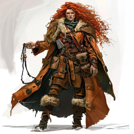 Short beautiful Stocky Dwarven woman with long curly red hair in adventuring clothing with pouches and straps made out of leather under a long brown coat, fantasy, dungeons and dragons, pathfinder, anime style, --v 6.0