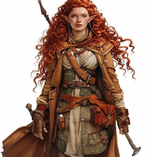 Short beautiful Stocky Dwarven woman with long curly red hair in adventuring clothing with pouches and straps made out of leather under a long brown coat, fantasy, dungeons and dragons, pathfinder, anime style,