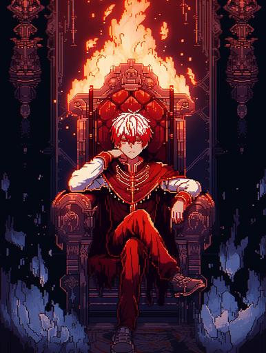 Shoto Todoroki, as a medieval king, crown of flames, throne of ice, sitting, dignified poses, 8-bit, character portrait, --niji 5 --ar 3:4