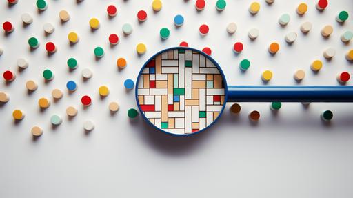 Show a magnifying glass examining a distinct pattern of colorful dominoes falling, representing a person's procrastination pattern, on a light background with a minimalist aesthetic.