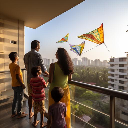 Show back shot of an Indian family enjoy flying kites that are diamond shape and colourful from their luxurious house balcony with a fan in Mumbai. Glowing face, daylight, 4k, UHD, photorealistic, Use a Canon EOS 5D Mark IV DSLR camera with an EF 50mm f/1.8 STM lens for this shot. The resolution should be 30.4 megapixels, ISO sensitivity: 100, Shutter speed.