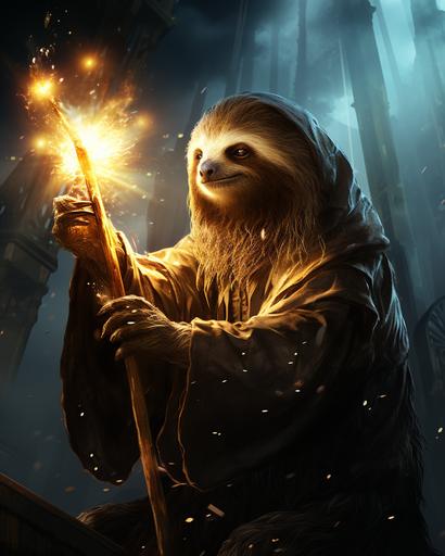 Show the magical sloth wizard of the fallen moon, sloth of good and evil, sloth of two faces,sloth of day and night,sloth of time --s 600 --c 40 --ar 8:10