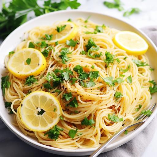Showcase the Vegan Lemon Garlic Spaghetti in a shallow dish or plate. The spaghetti should glisten with the lemon garlic sauce, with hints of lemon zest and red pepper flakes adding pops of color. Consider garnishing with a generous sprinkle of fresh parsley and perhaps a lemon wedge on the side. The dish can be photographed against a light or neutral background to emphasize its simplicity and elegance. A fork twirling some spaghetti or a lemon slice can be placed alongside, hinting at the zesty flavors within. The lighting should be bright and natural, highlighting the freshness of the ingredients and the vibrant colors of the dish, making it a tempting vegan delight.