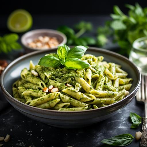 Showcase the Vegan Pesto Pasta in a beautiful bowl or plate. The penne should be generously coated with the vibrant green pesto, with a few basil leaves placed on top for garnish. The dish can be set against a neutral background, perhaps with a few ingredients like fresh basil, cashews, or a lemon wedge placed nearby for context. A fork twirling some pasta or a spoon scooping up a bit of the pesto can add a dynamic touch to the image, making it look even more appetizing. The lighting should highlight the freshness and richness of the dish, evoking a sense of homely comfort and gourmet delight.