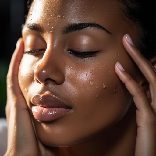 Showcase the natural beauty of black women as they engage in their skincare routines in a luxurious hotel room. Capture a close-up shot of a 25-year-old black female with deep dark skin model gently washing her face with,, as water droplets cascade down her skin, highlighting her flawless complexion.
