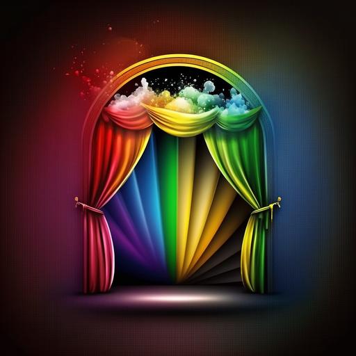 Theaterlogo mit Vorhang in Regenbogenfarben mit kreuzendem Scheinwerferlicht