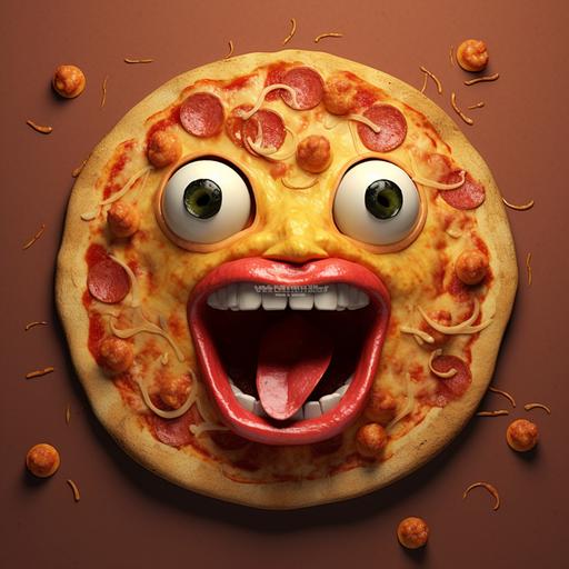 Kind pizza with an animated mouth on the surface. --s 50
