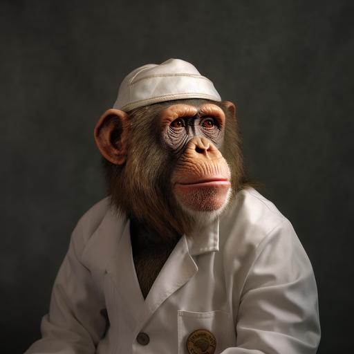 Side profile portrait of an ape wearing a surgeons outfit, hospital wall background, 4k, hyper realistic