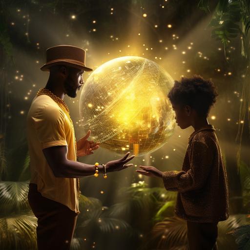 Side view of African American Matter hatter dressed yellow speaking to an African American boy standing in front of translucent gold globe floating above magic portal with shimmering gold lights in tree trunk in dense tropical forest, sunny dreamy sky, cosmic stardust, palm trees, roses, very realistic photo, 8K, no watermark, HD vivid clarity, octane render, high resolution, real, very detailed, canon camera photo, 50mm lens Job ID: 33ac9cab-9d42-4035-af79-1c1aa4ea6e7f seed 2933784315