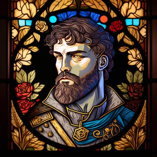 art noveau, stained glass, framed portrait, handsome stern medieval soldier hero, neat beard and hair, white and golden detailing, a rose and fire --s 50