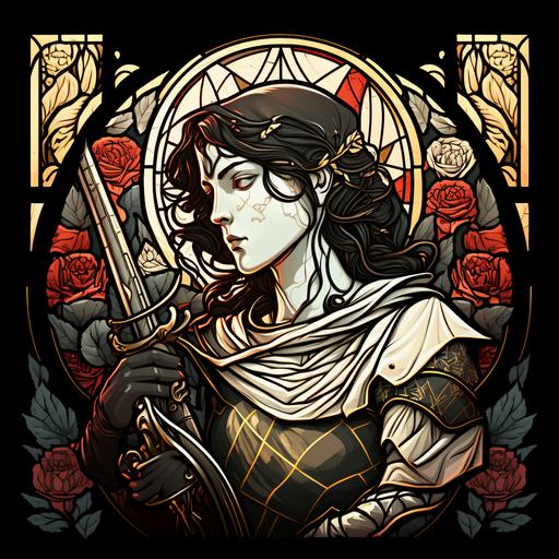 art noveau, stained glass, framed portrait, ungraceful medieval female soldier hero, menacing, dark hair, white and golden detailing, rose and large fire --s 50
