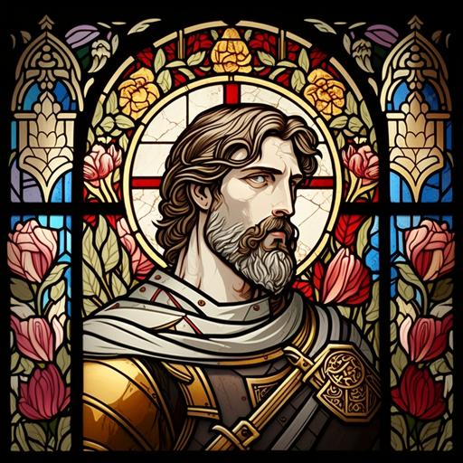 art noveau, stained glass, framed portrait, ungraceful medieval soldier hero, neat beard and hair, white and golden detailing, a rose and fire --s 50