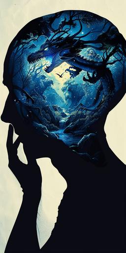 Silhouette of a man's head with a glowing blue dragon in the brain, hand touching forehead, inside the skull is an illustration of a dark forest and cave in the style of an unknown artist. --ar 1:2
