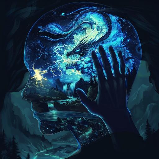 Silhouette of a man's head with a glowing blue dragon in the brain, hand touching forehead, inside the skull is an illustration of a dark forest and cave in the style of an unknown artist.