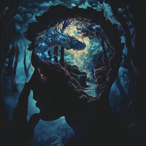 Silhouette of a man's head with a glowing blue dragon in the brain, hand touching forehead, inside the skull is an illustration of a dark forest and cave in the style of an unknown artist.