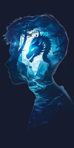 Silhouette of a man's head with a glowing blue dragon in the brain, , inside the skull is an illustration of a dark forest and cave in the style of an unknown artist. --ar 1:2