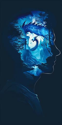 Silhouette of a man's head with a glowing blue dragon in the brain, , inside the skull is an illustration of a dark forest and cave in the style of an unknown artist. --ar 1:2